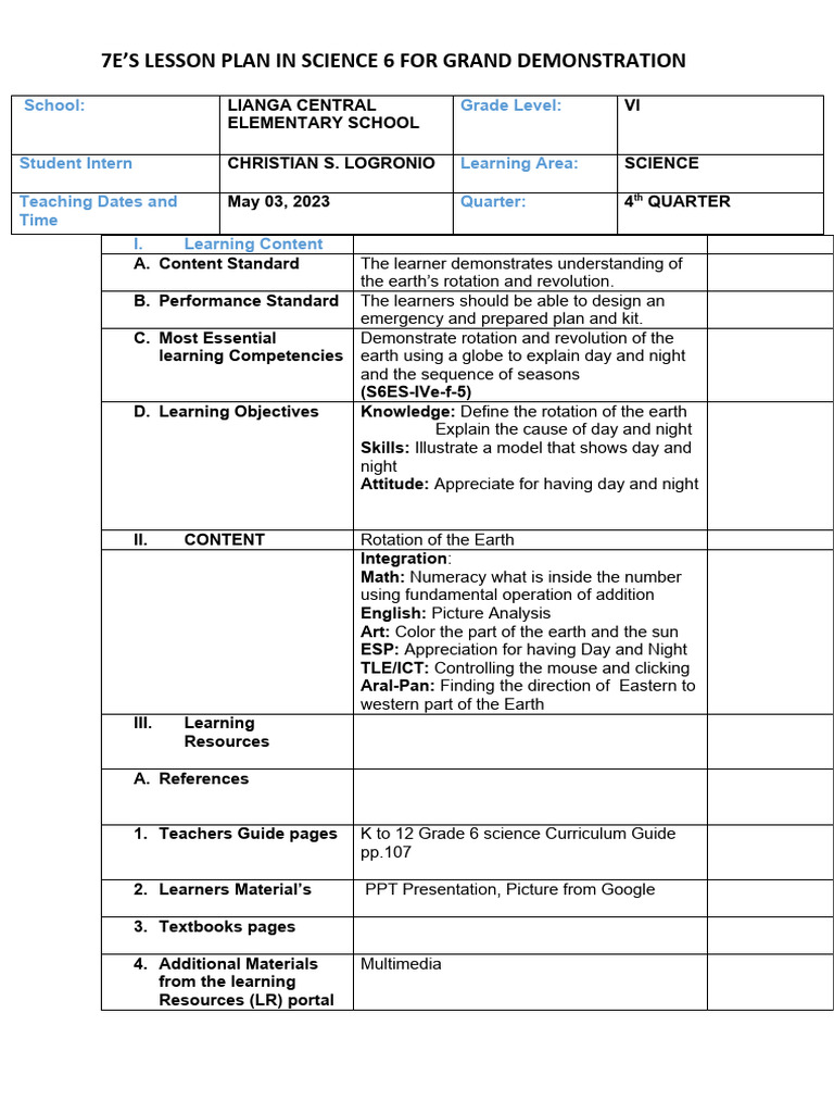 LP in Science VI Q4 | PDF | Rotation | Night