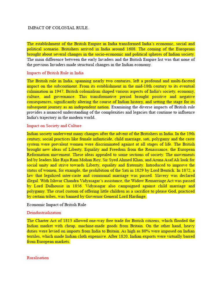 Impact of Colonial Rule | PDF