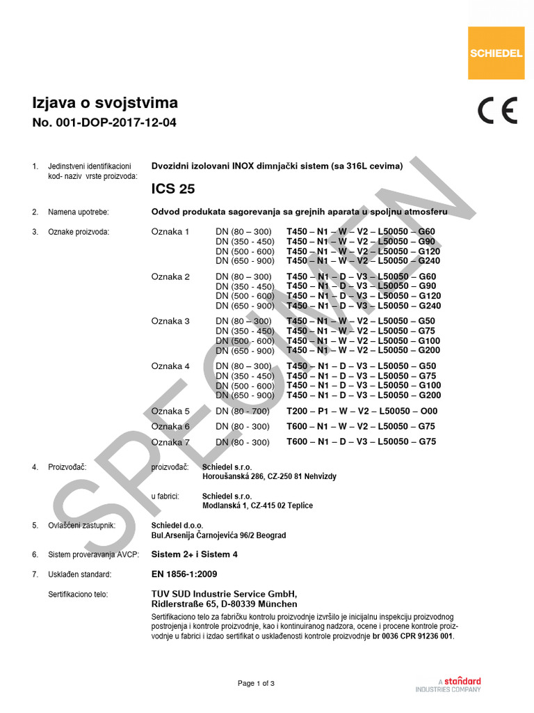 Izjava o Svojstvima ICS25 - Specimen | PDF