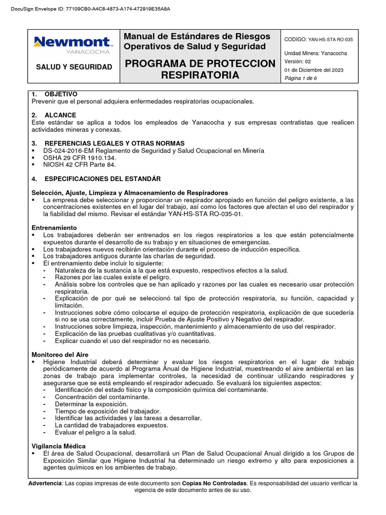 Yan hs sta ro 035 programa de protecci n respiratoria pdf higiene