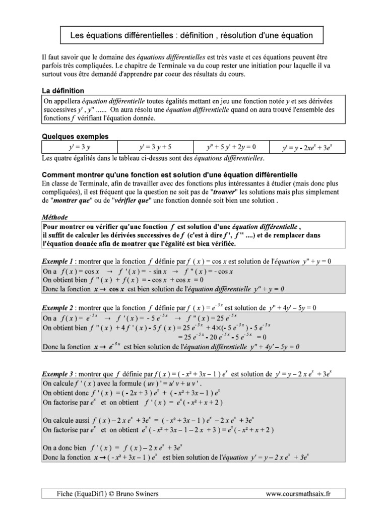 Les equations differentielles en terminale specialite maths 20 pdf