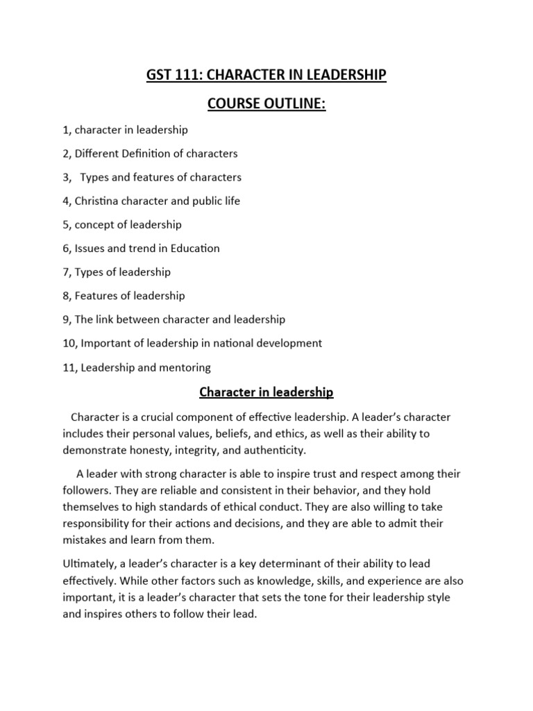 Character in Leadership: Course Overview | PDF | Leadership | Mentorship