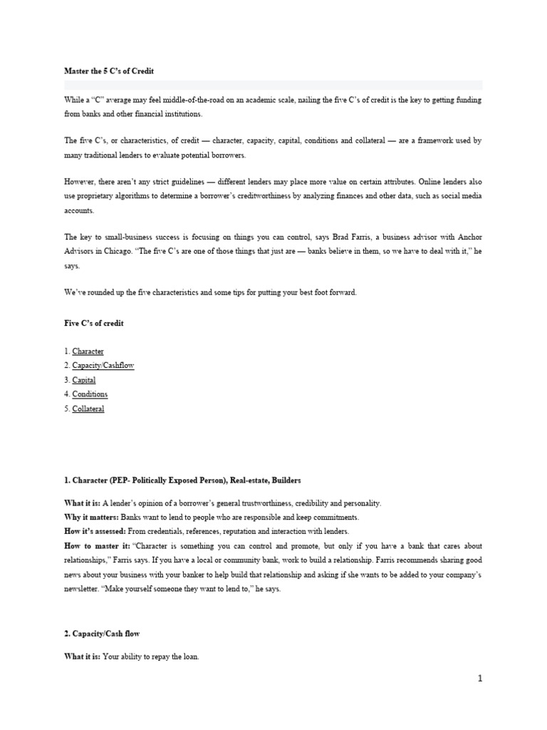 5 Cs of Credit Worthiness | PDF
