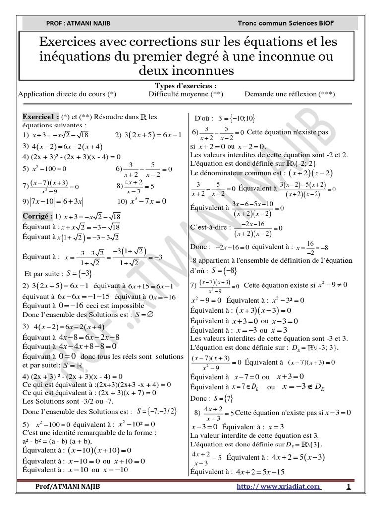 Exercices corrigés d'équations et inéquations | PDF | Équations | Géométrie