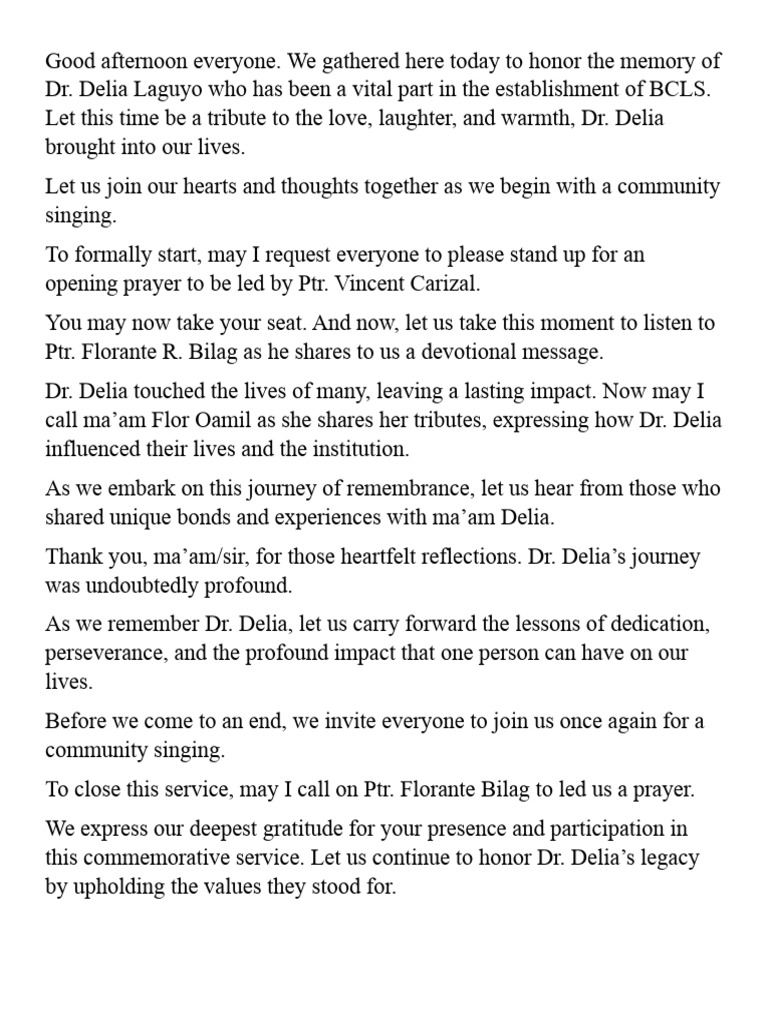 Memorial Service Script PDF