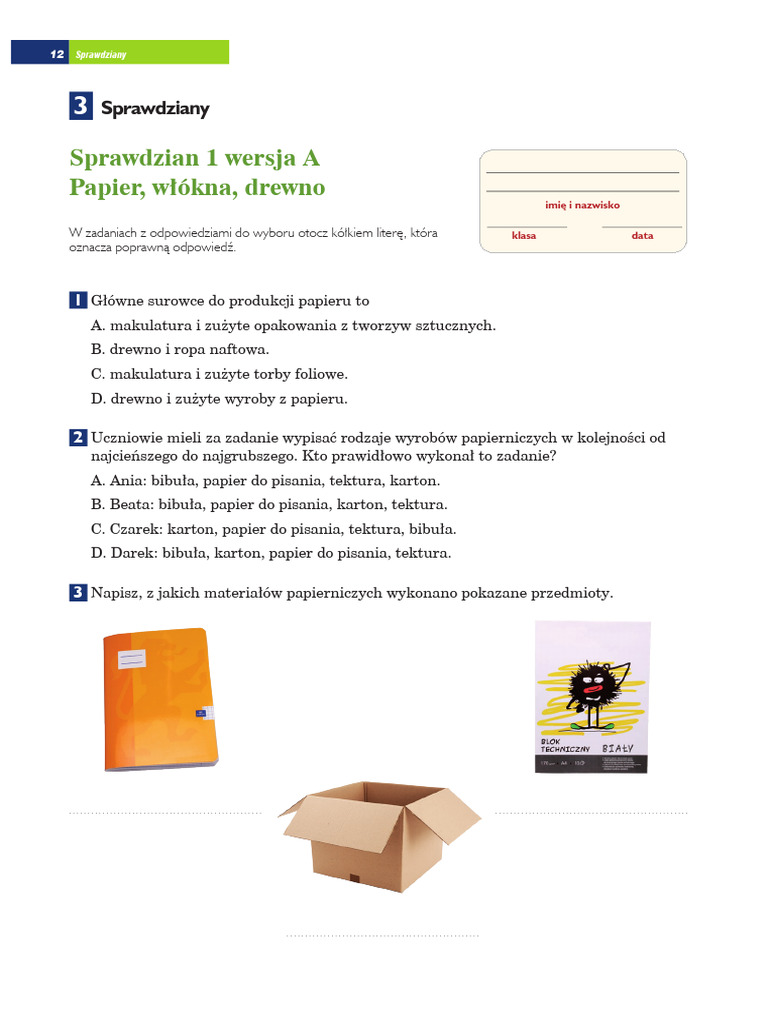 Karta Pracy Cenny Surowiec Drewno Odpowiedzi materialy i ich zastosowanie sprawdzian 1 wersja a papier wlokna drewno