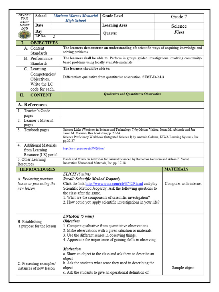 Grade 7 Science Lesson Plan | PDF | Quantitative Research | Observation
