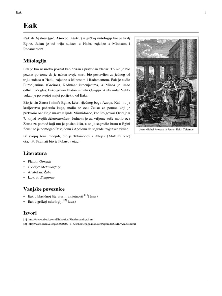 Mitologija: Eak ili Ajakos (grč. Αἴακος, Aiakos) u grčkoj mitologiji ...