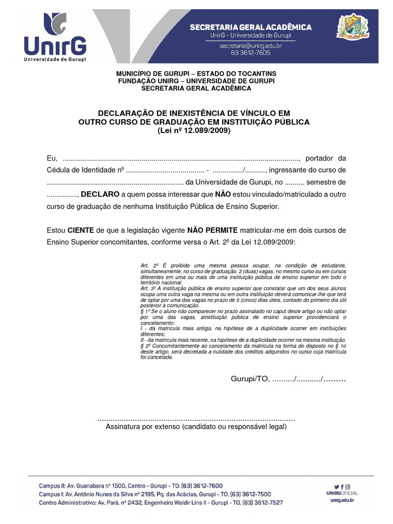 Declaração de Inexistência de Vínculo Acadêmico | PDF | Universidade ...