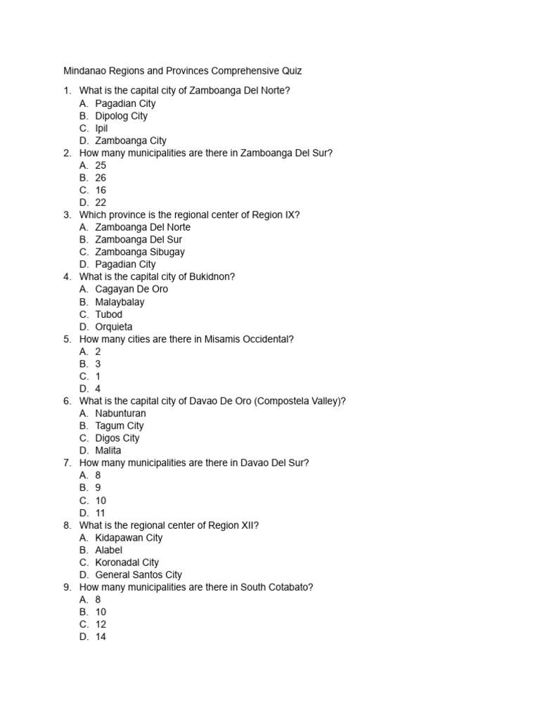 Mindanao Regions And Provinces Comprehensive Quiz Pdf