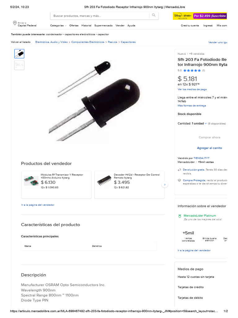 SFH 203 Fa Fotodiodo Receptor Infrarrojo 900nm Itytarg | PDF ...