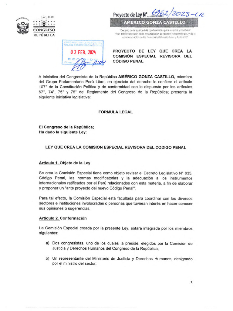 Proyecto de Ley Que Crea La Comisión Especial Revisora Del Código Penal ...