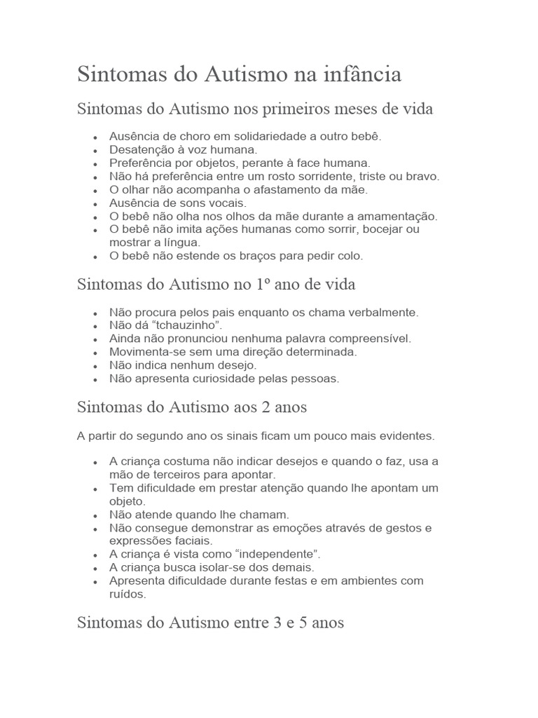 Sintomas de Autismo na Infância | PDF | Espectro do autismo | Ciências ...