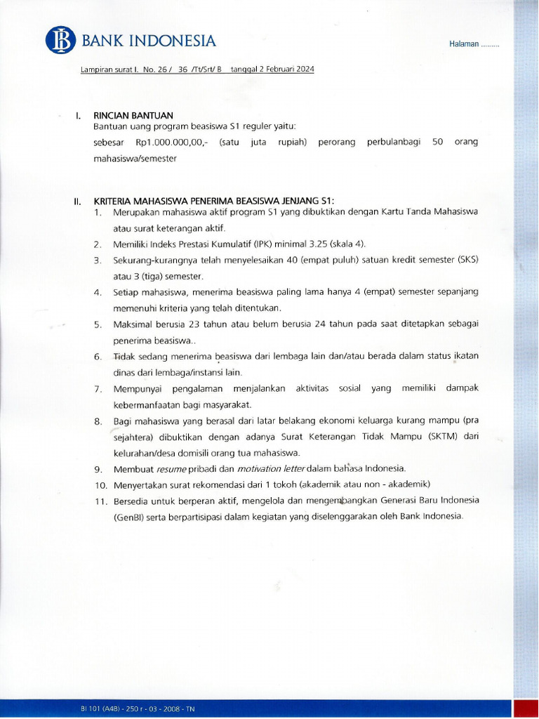 Persyaratan Beasiswa Bi 2024 PDF