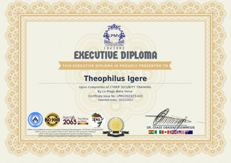 CYBER SECURITY TRAINING Certificate For Theophilus Igere PDF