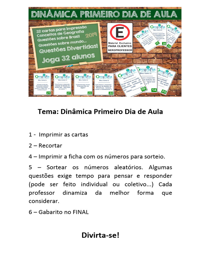 Dinâmica Primeiro Dia De Aula Pdf