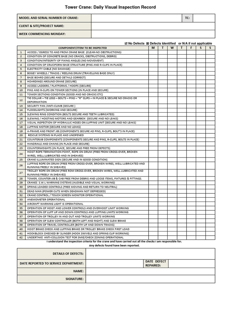 Daily Tower Crane Inspection Checklist | PDF | Crane (Machine) | Transport