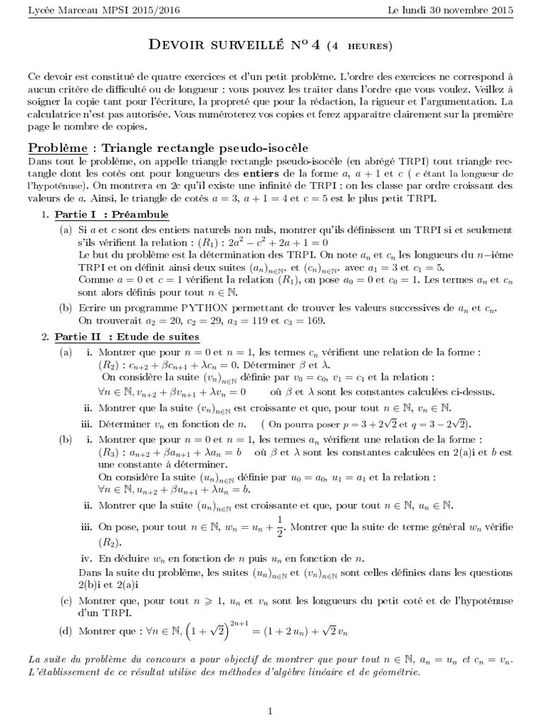 Devoir MPSI 2015 : Problèmes de mathématiques | PDF | Limite ...