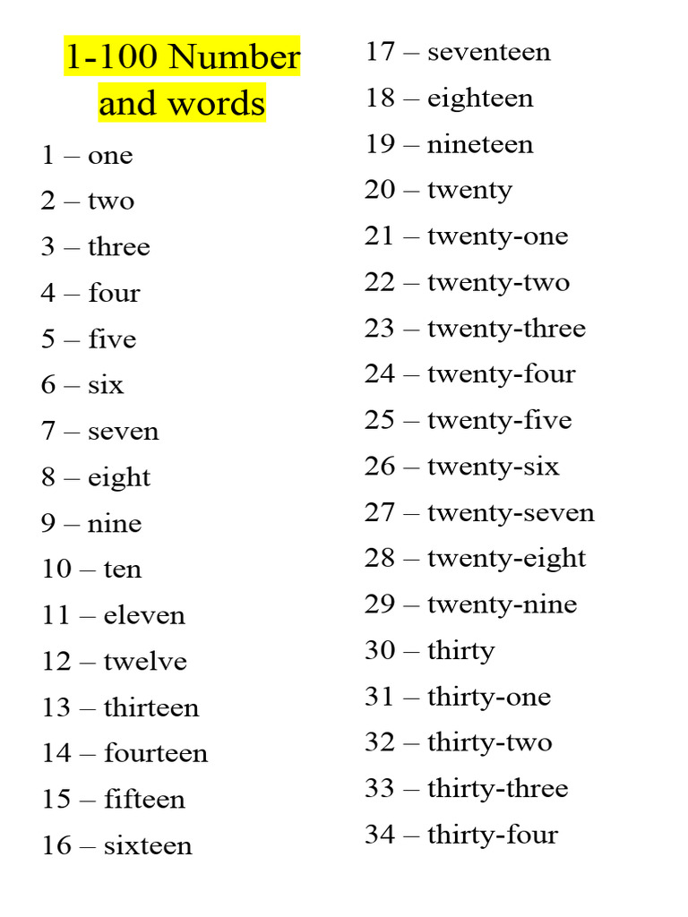 Numbers 1 to 100 in Words | PDF | Home & Garden | Lifestyle