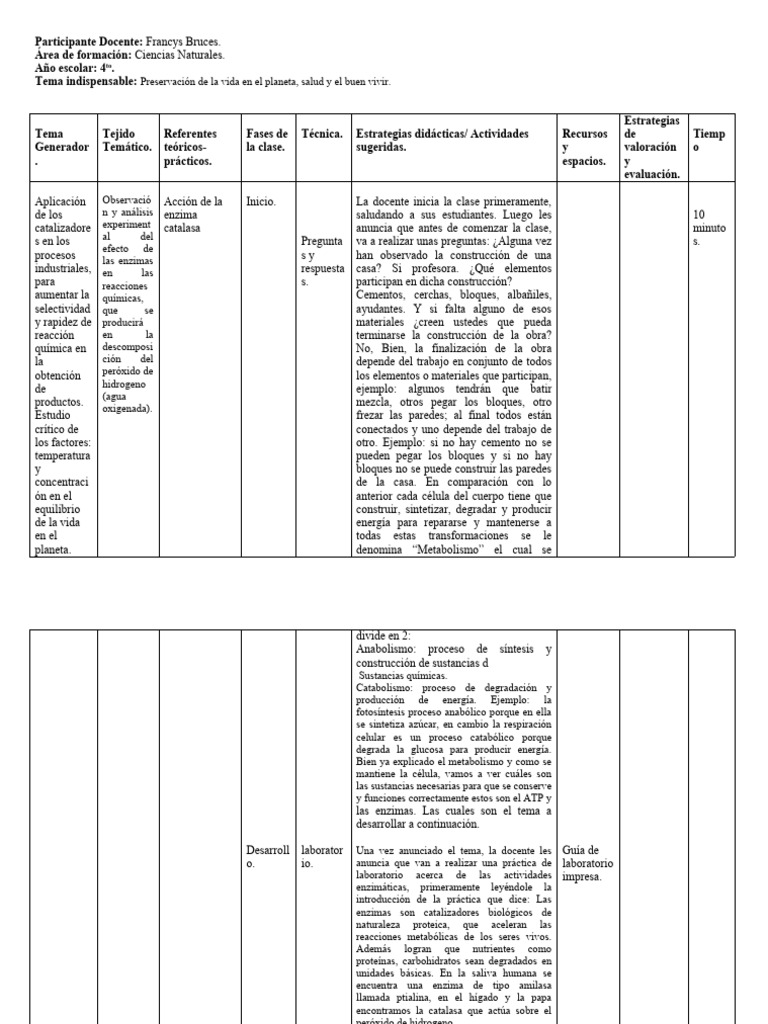 Plan de Clase de Laboratorio Enzimas (Francys Bruces) Descargar gratis PDF Metabolismo Enzima