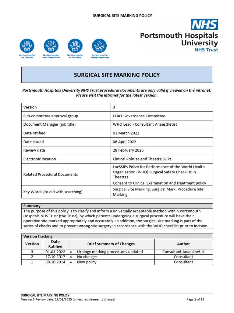 Surgical Site Marking Policy PDF Surgery Urology