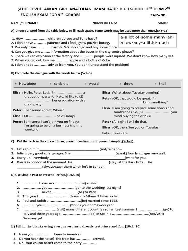 9th Grade English Exam - 2nd Term 2019 | PDF | Language Arts & Discipline