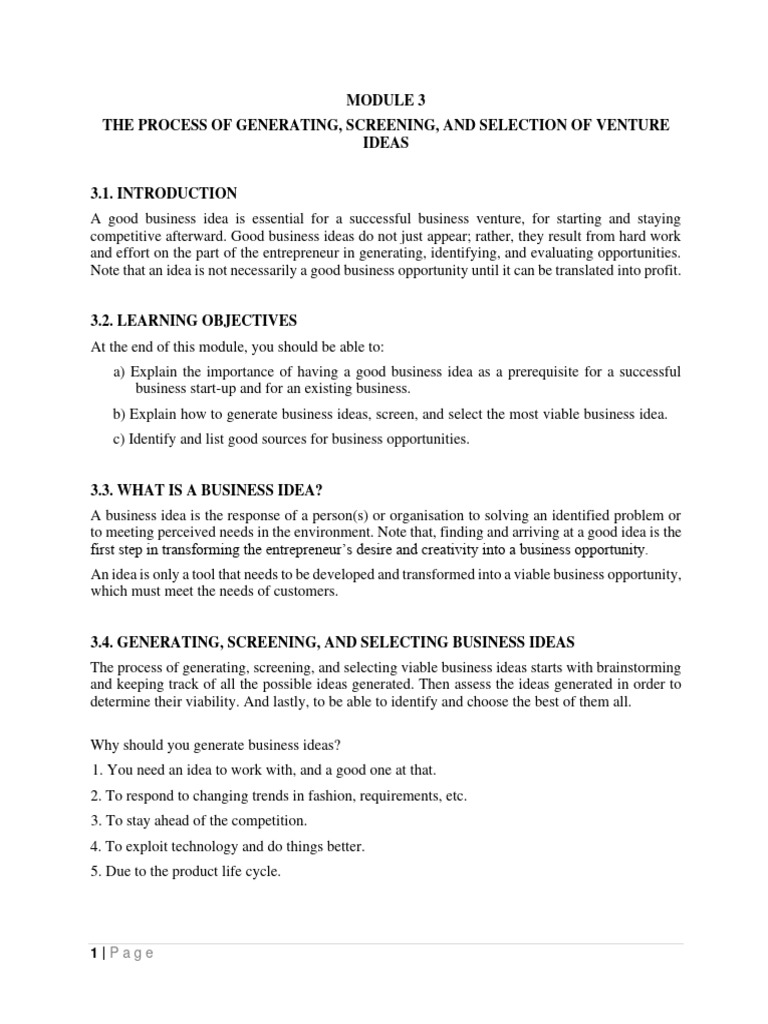 Module 3 the process of generating screening and selection of