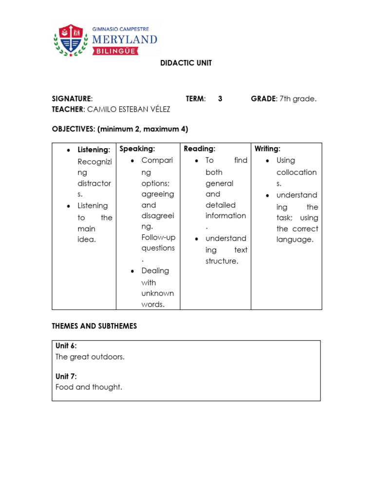 Didactic unit 7th grade 3th period pdf linguistic morphology syntax