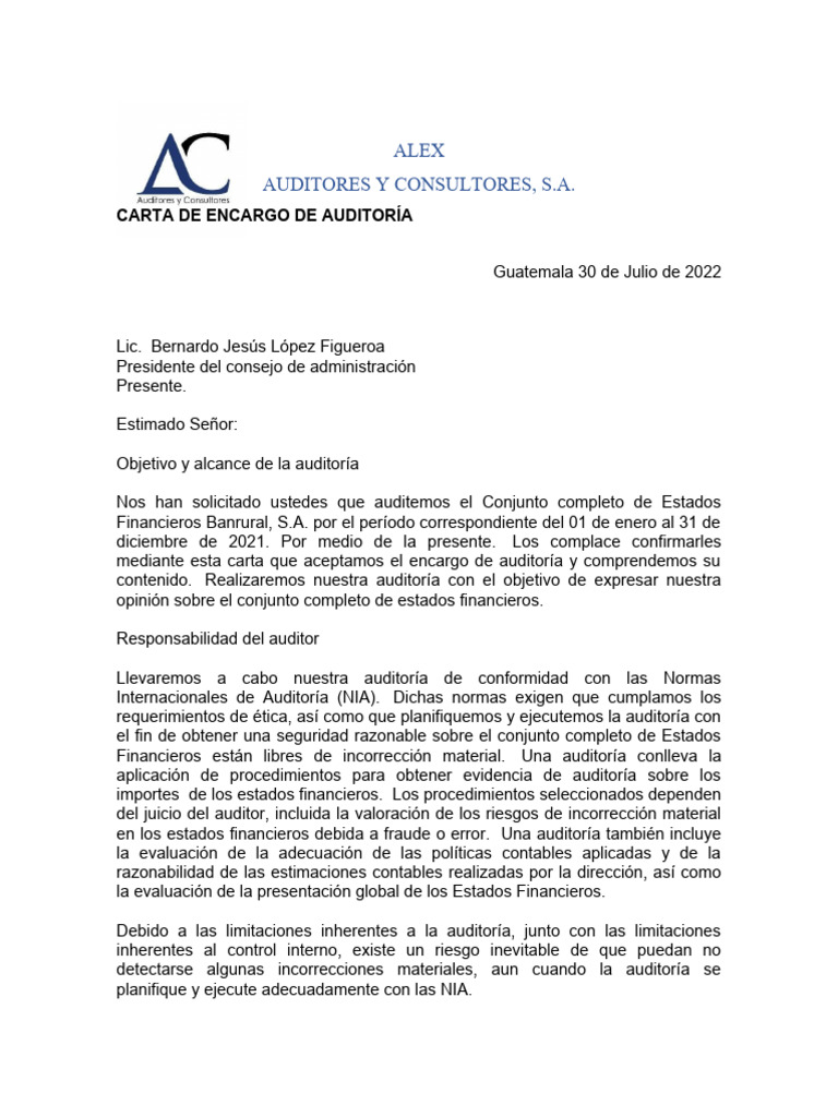 Ejemplo Carta De Encargo De Auditoria