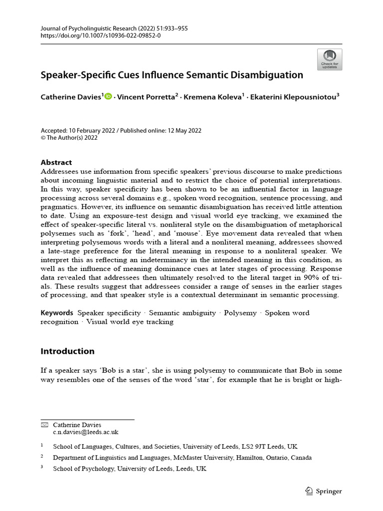 Speaker Cues in Semantic Disambiguation | PDF | Linguistics | Word