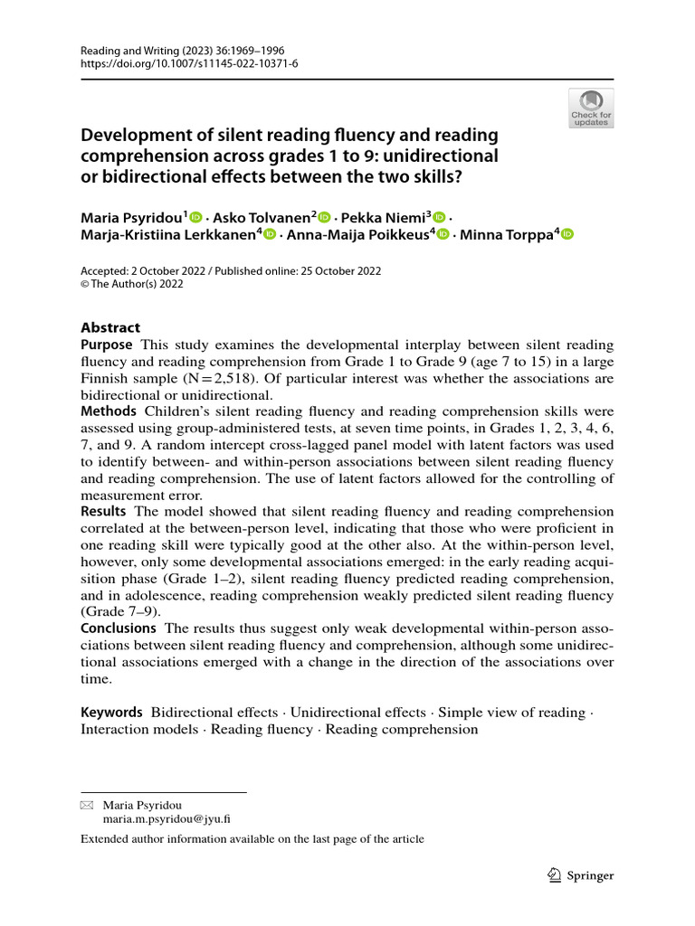 Development of silent reading fuency and reading pdf cognitive