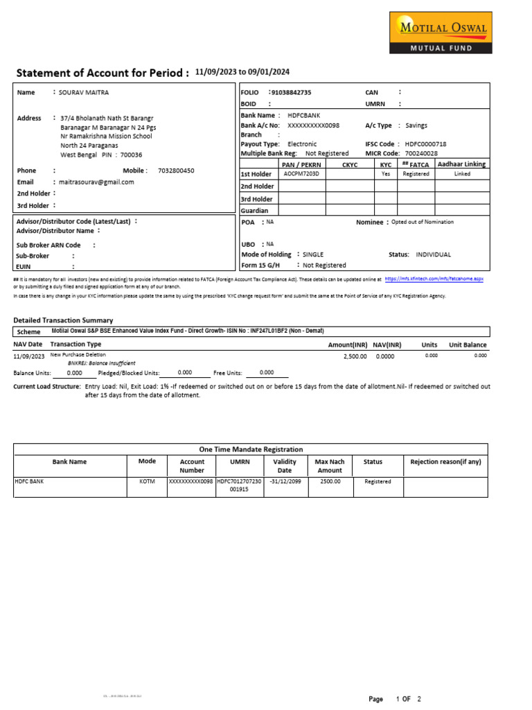 Mutual Fund Transaction Statement | PDF | Cheque | Banks