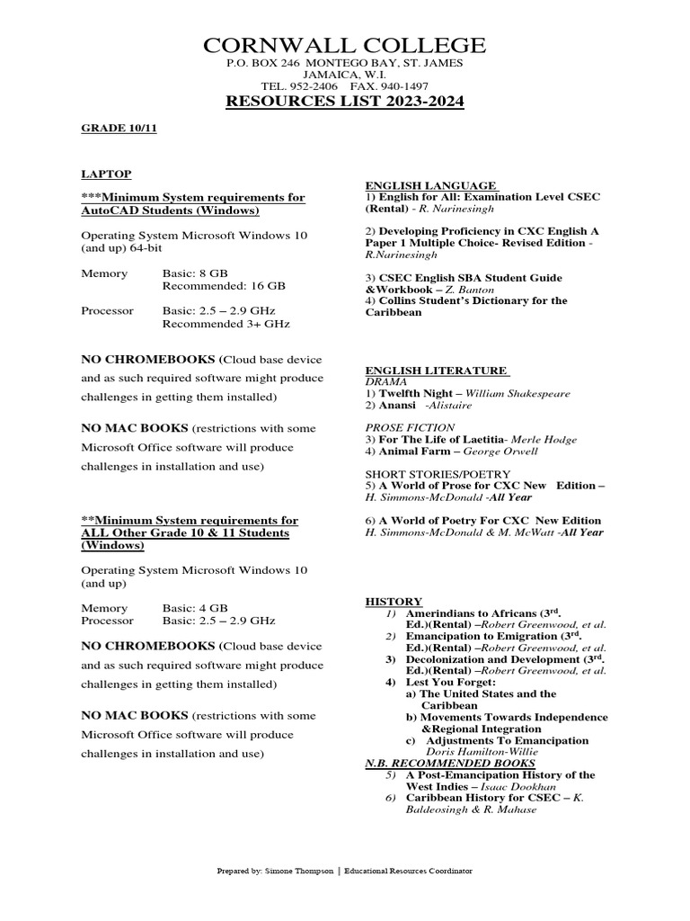 Cornwall college resources list 2023 2024 pdf