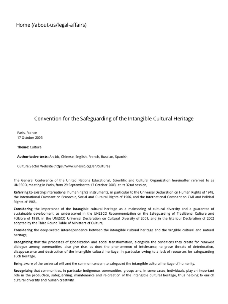 Convention For The Safeguarding of The Intangible Cultural Heritage ...