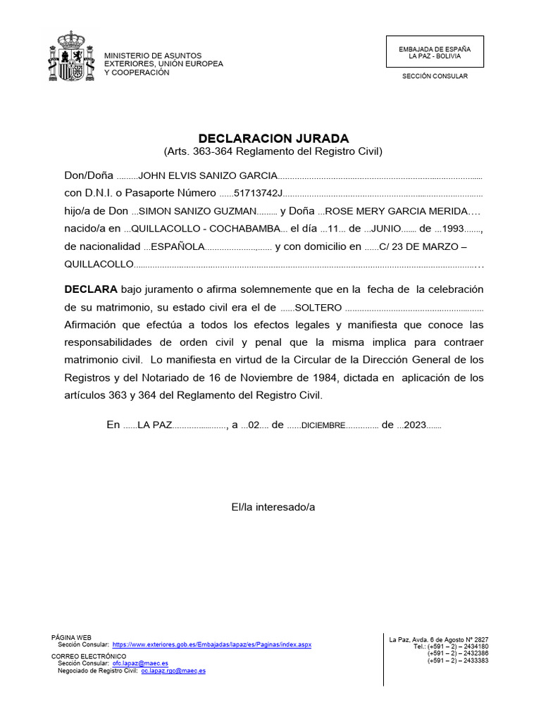 Formulario Declaracion Jurada Estado Civil Pdfejemplo De Declaracion 