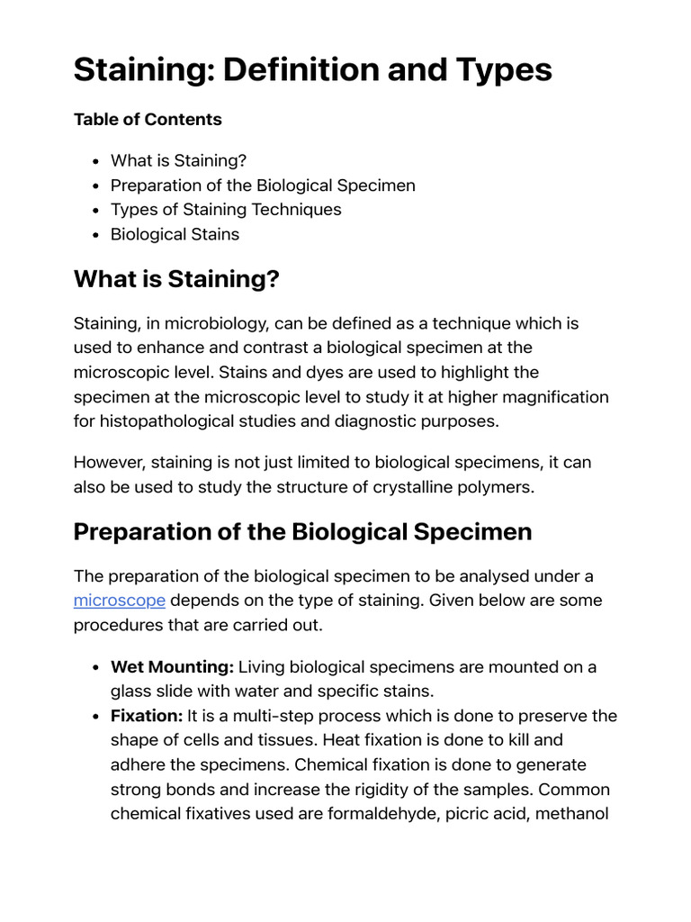 Staining Definition and Types PDF Staining Fixation (Histology)