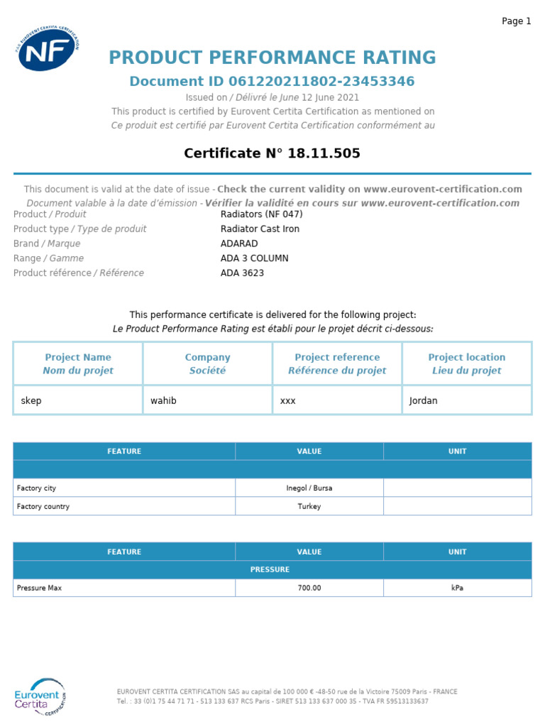 Radiateur ADA 3 Colonnes Certifié NF 047 | PDF