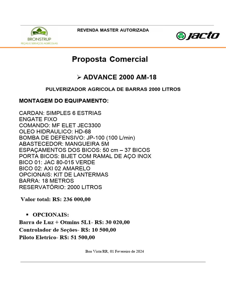 Pulverizador Agrícola 2000L: Proposta Comercial | PDF