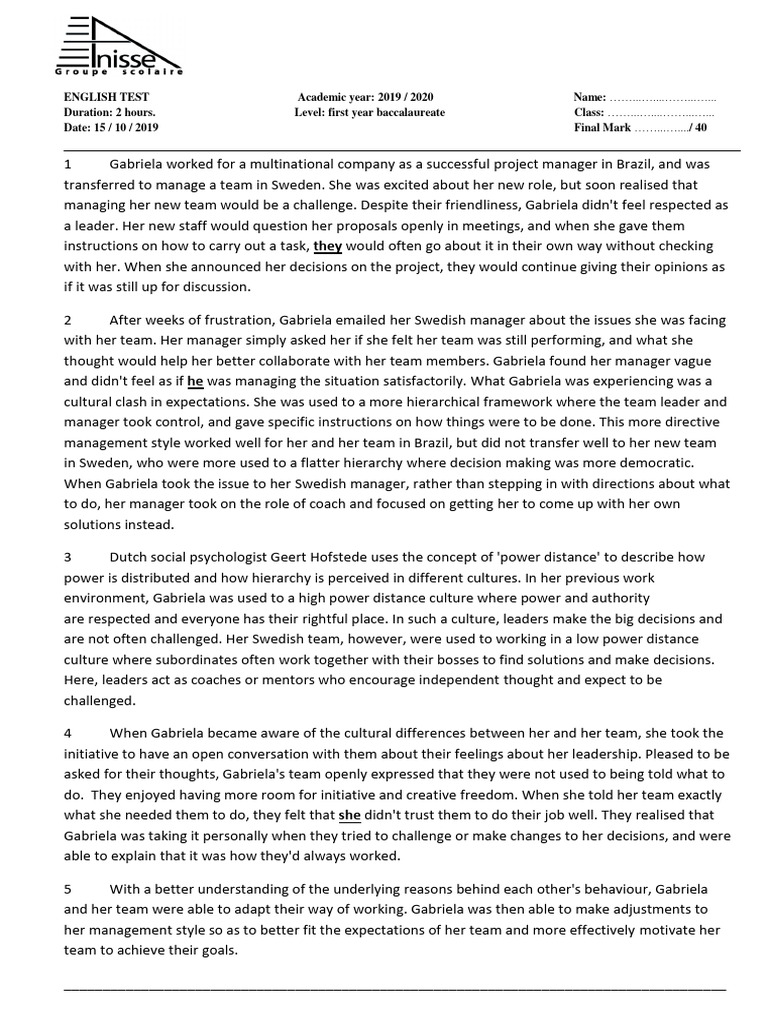 Test 1 Model 1 English 1st Bac First Term 5 | PDF | Psychology ...