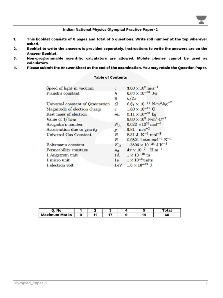INPhO Physics Olympiad Practice Paper 2 | PDF | Rotation Around A Fixed ...