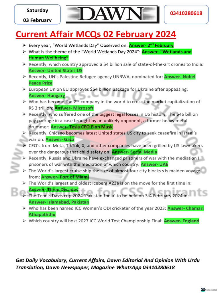 Feb 02 Current Affair MCQs PDF