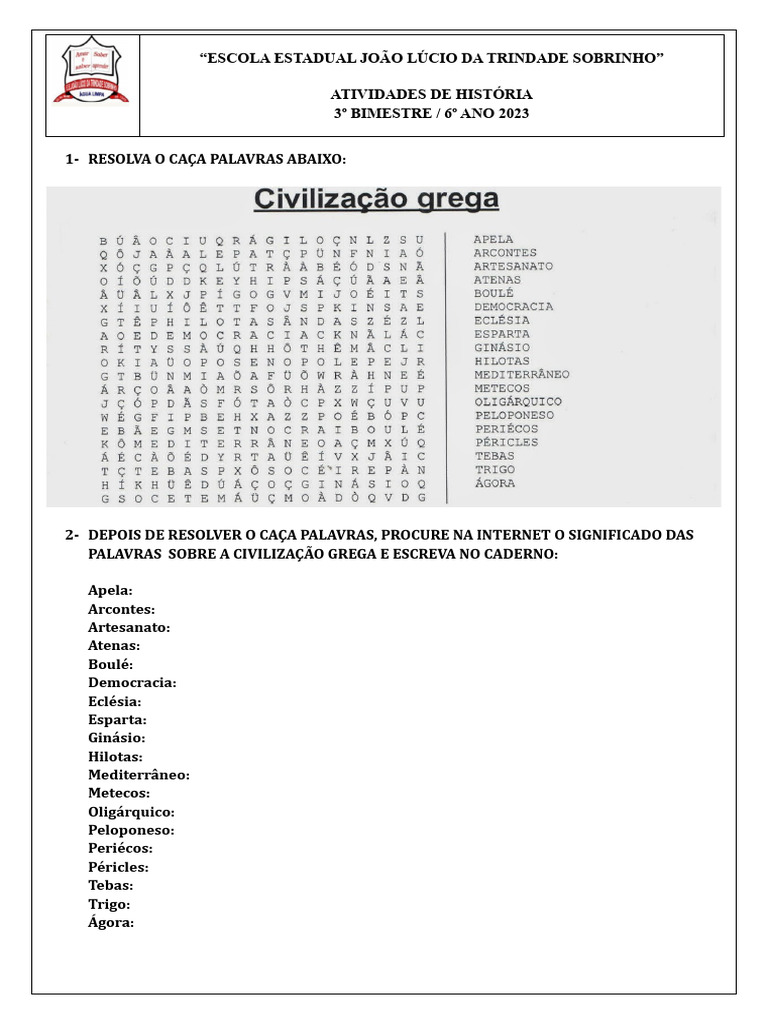 Atividades sobre a Grécia Antiga 6º Ano | PDF | História