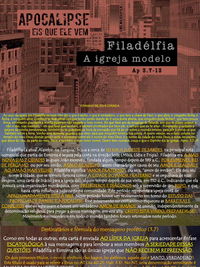 CARTA À IGREJA DE FILADELFIA Apocalipse 3.7-13 | PDF | Igreja ...