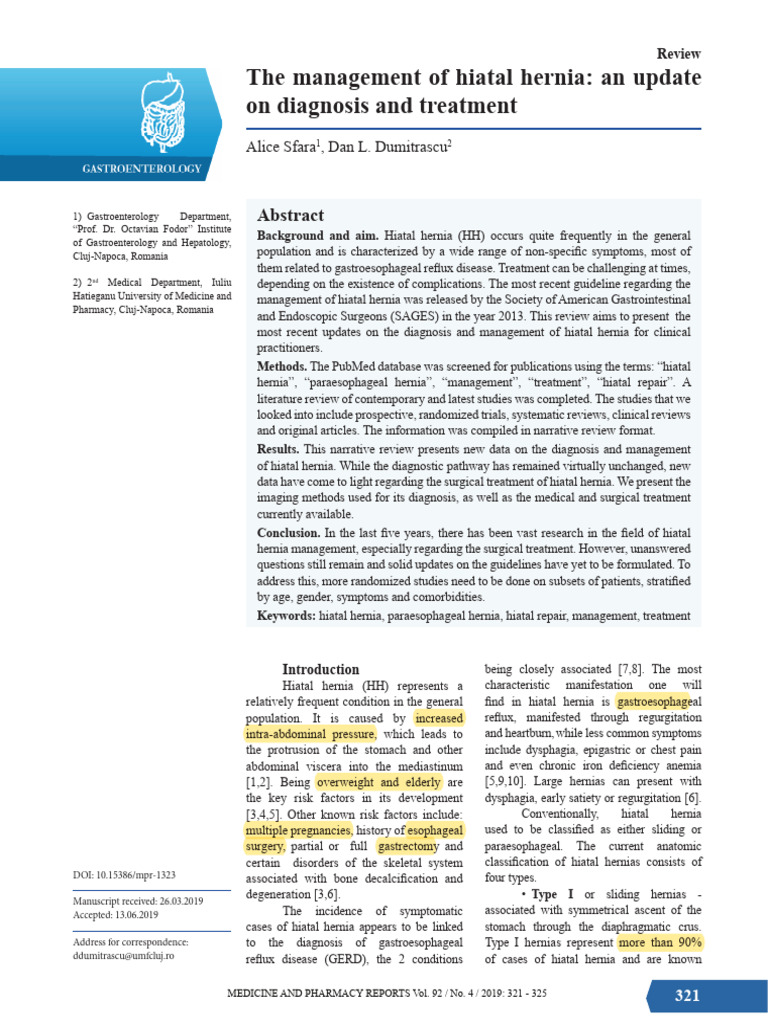 The Management of Hiatal Hernia - An Update On Diagnosis and Treatment
