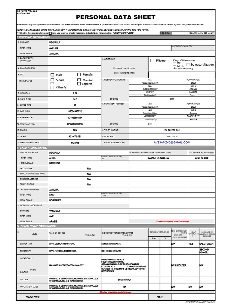 CS Form No. 212 Personal Data Sheet Revised | PDF | Government