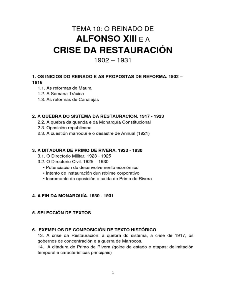 Esquemas Tema 10 O Reinado De Alfonso Xiii E A Crise Da Restauración
