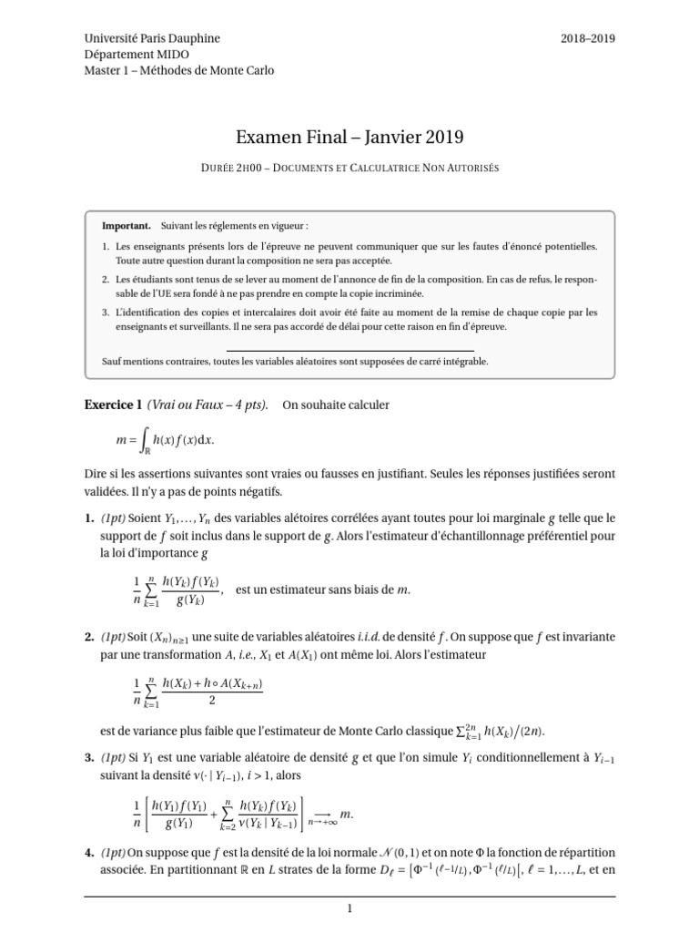 Examen Méthodes de Monte Carlo 2019 | PDF | Estimateur (statistique ...