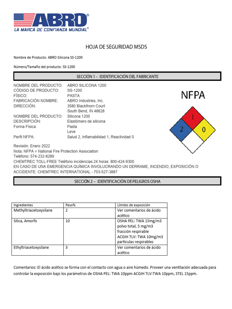 Msds Ss-1200 Silicona Esp | PDF | Agua | Ventilación (Arquitectura)