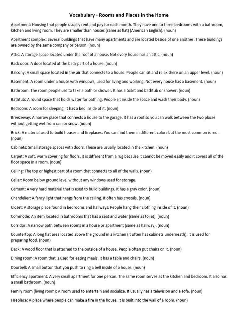 Home Vocabulary: Rooms and Spaces | PDF | Room | Apartment