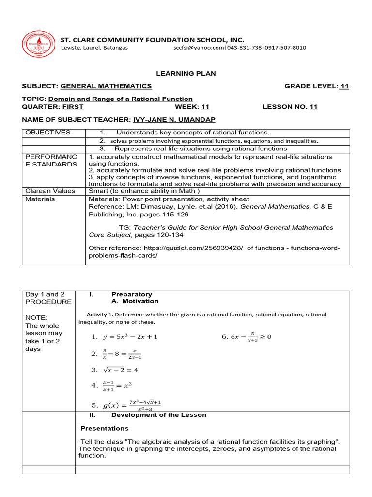Learning plan general mathematics 11 lesson 9 and 10 pdf function